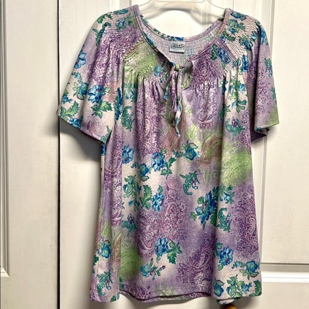 Vintage Haband Purple Green Floral Print Flutter Sleeve Top Size M
